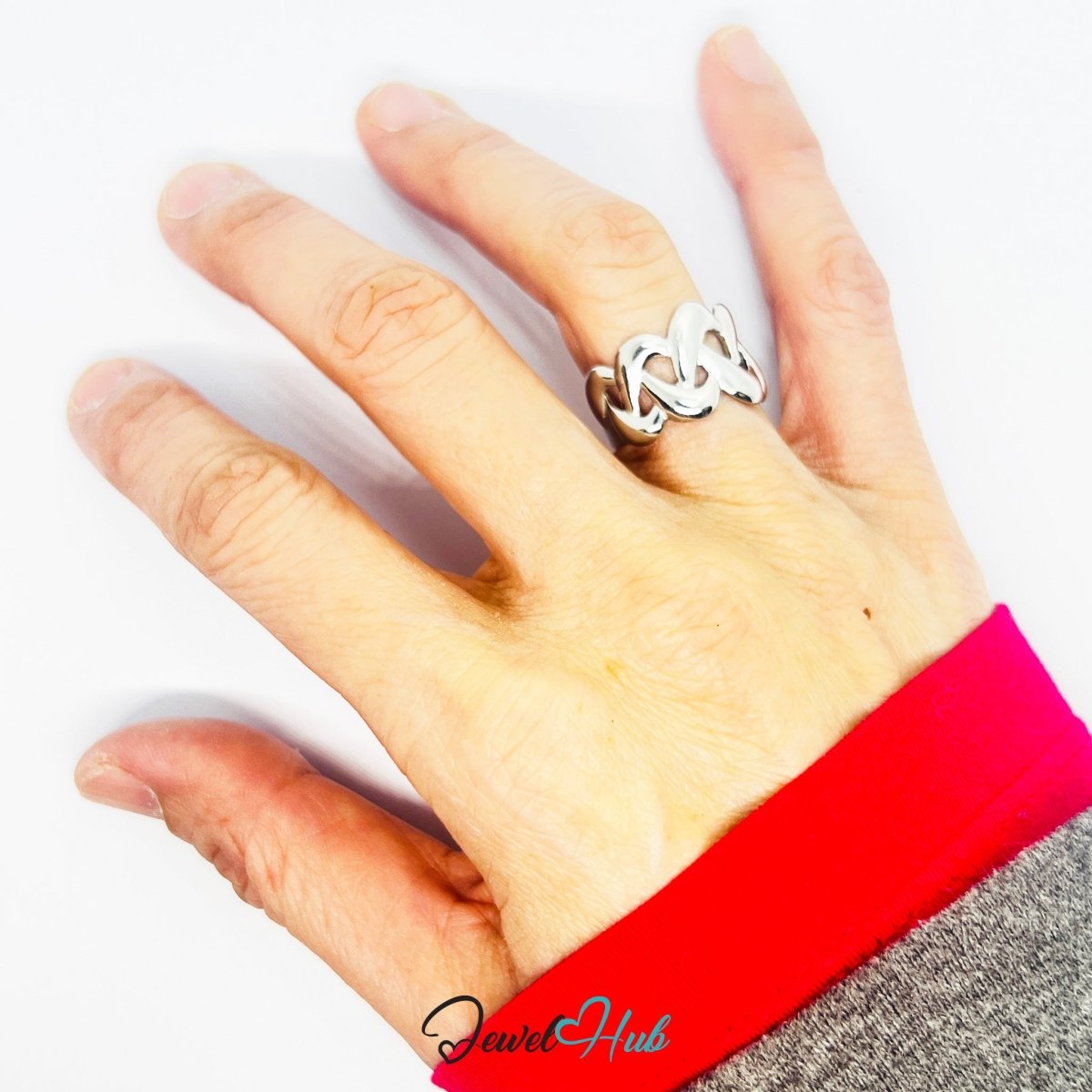 Stainless Steel Silver Overlap Ring – Modern Sculptural Band - JewelHub.co.uk