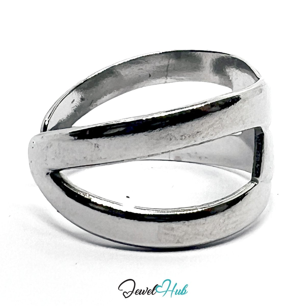 Stainless Steel Silver Overlap Ring – Modern Sculptural Open Band - JewelHub.co.uk