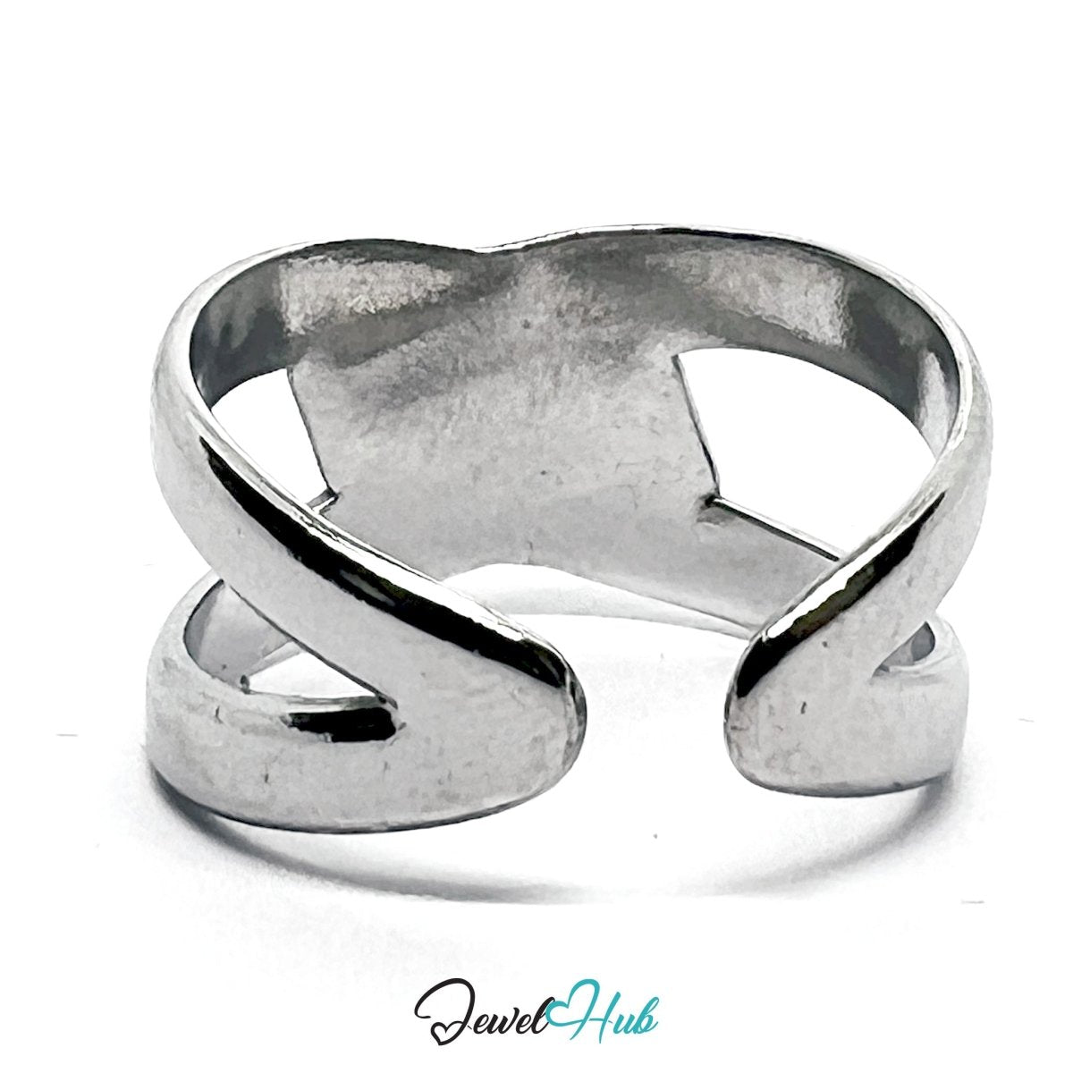 Stainless Steel Silver Overlap Ring – Modern Sculptural Open Band - JewelHub.co.uk