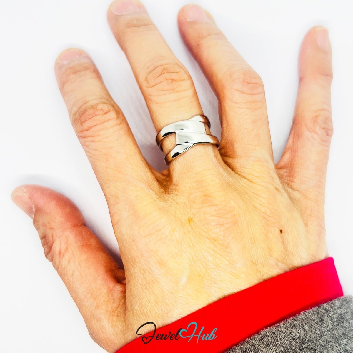 Stainless Steel Silver Overlap Ring – Modern Sculptural Open Band - JewelHub.co.uk