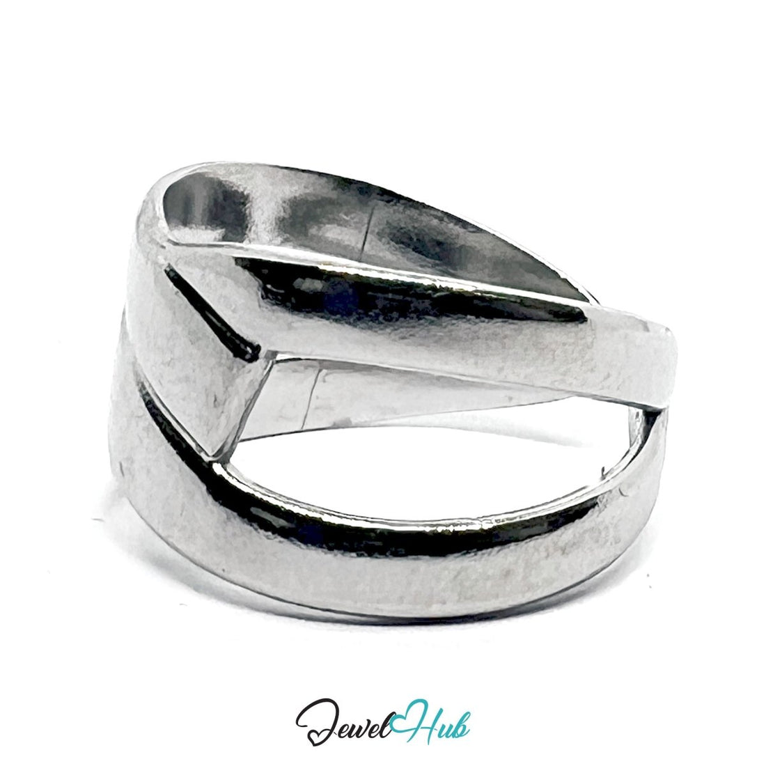 Stainless Steel Silver Overlap Ring – Modern Sculptural Open Band - JewelHub.co.uk