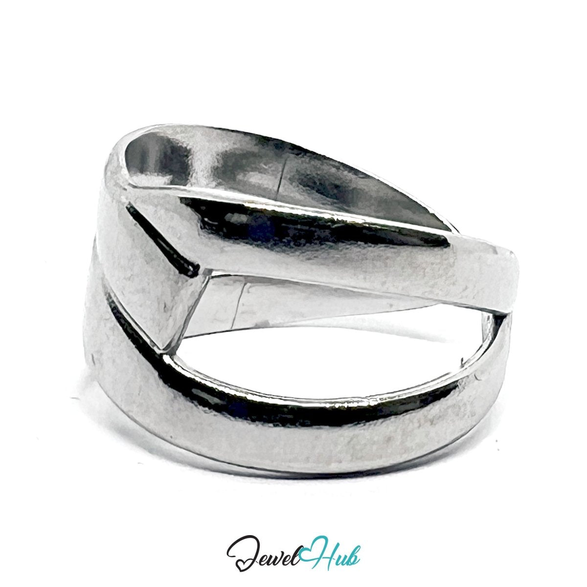 Stainless Steel Silver Overlap Ring – Modern Sculptural Open Band - JewelHub.co.uk