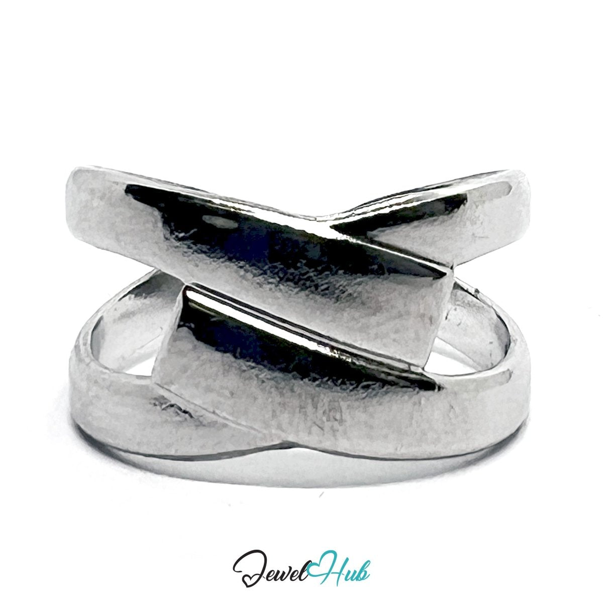 Stainless Steel Silver Overlap Ring – Modern Sculptural Open Band - JewelHub.co.uk