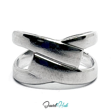 Stainless Steel Silver Overlap Ring – Modern Sculptural Open Band - JewelHub.co.uk
