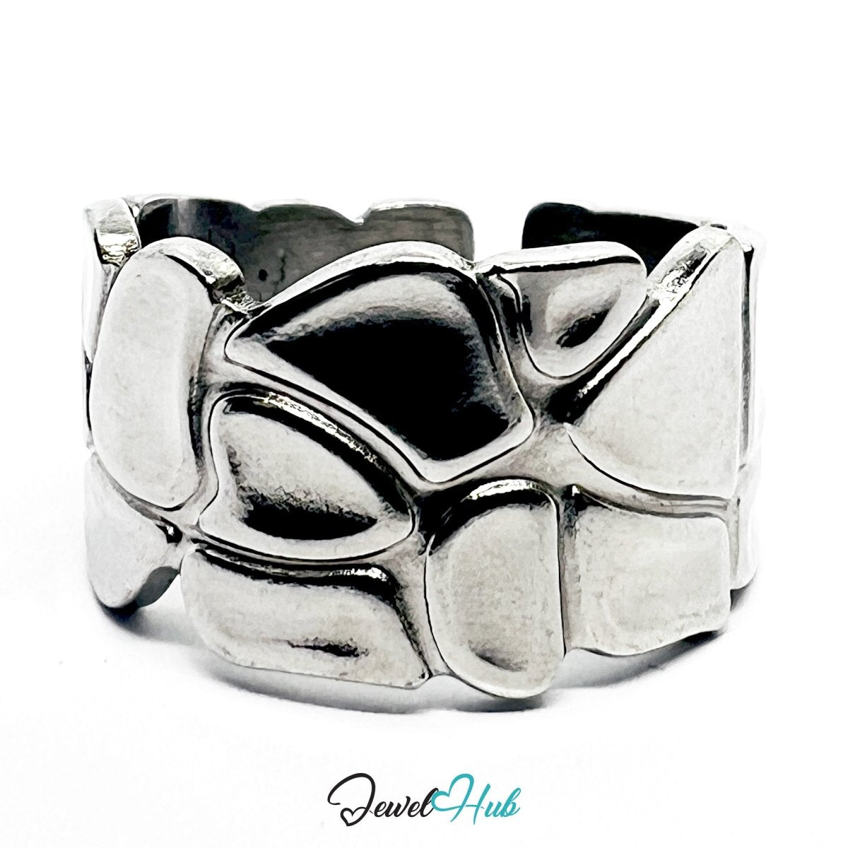 Stainless Steel Silver Sculptural Band Ring – Smooth Surface & Strong Lines - JewelHub.co.uk