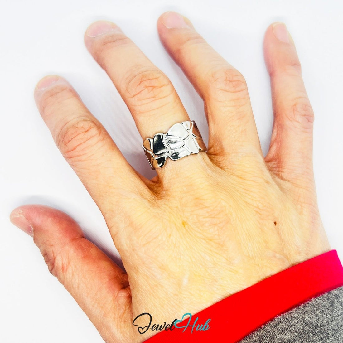 Stainless Steel Silver Sculptural Band Ring – Smooth Surface & Strong Lines - JewelHub.co.uk