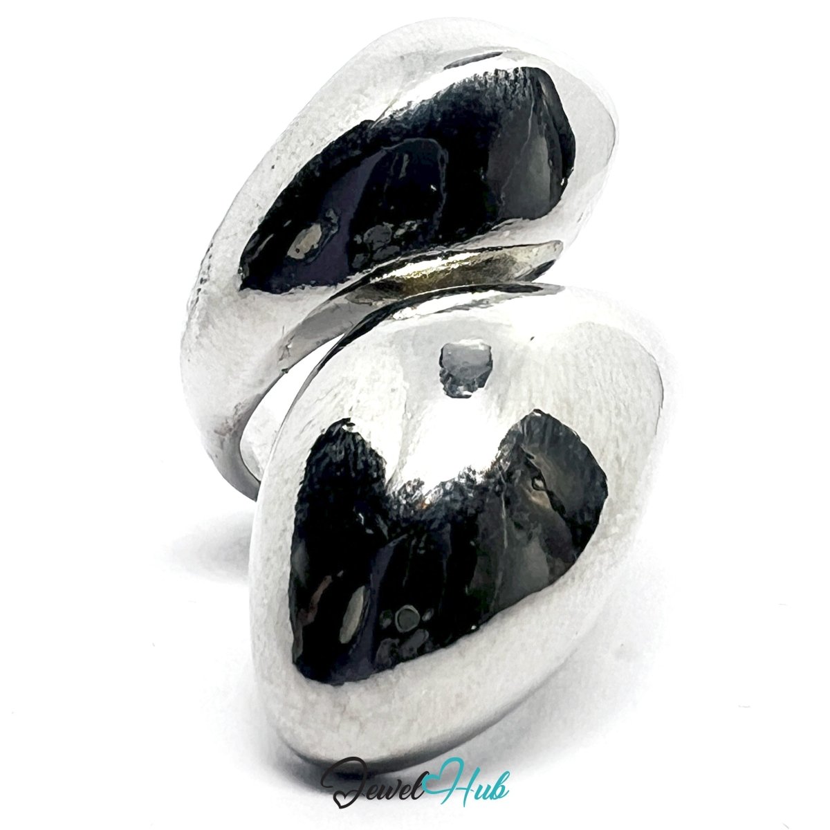 Stainless Steel Silver Sculptural Twin‑Bulb Ring – Abstract Form - JewelHub.co.uk