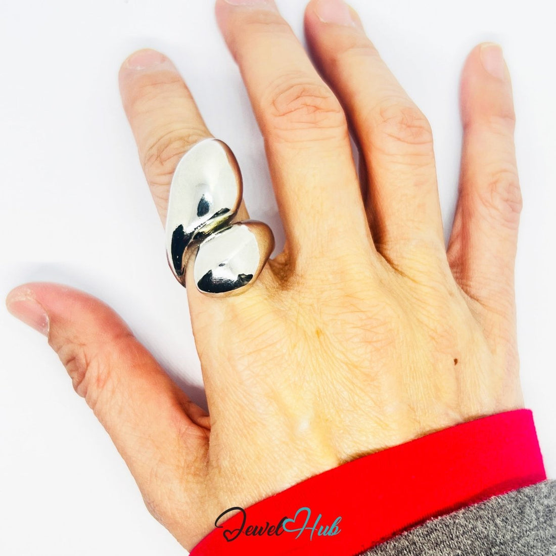 Stainless Steel Silver Sculptural Twin‑Bulb Ring – Abstract Form - JewelHub.co.uk