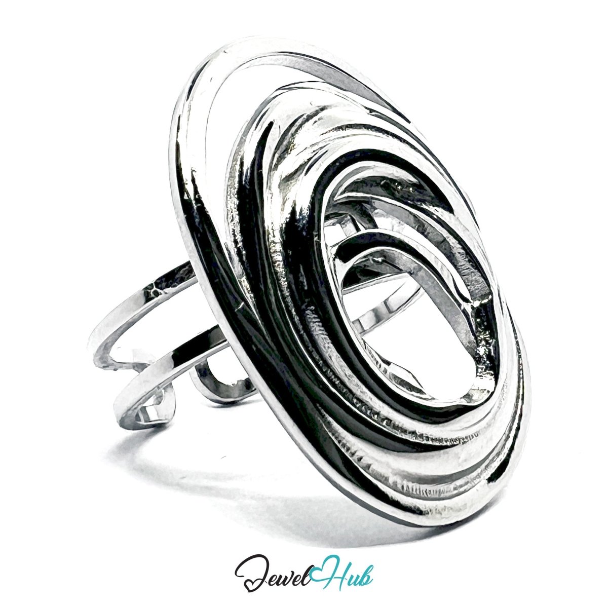 Stainless Steel Silver Spiral Loop Ring – Sculptural Open - End Design - JewelHub.co.uk