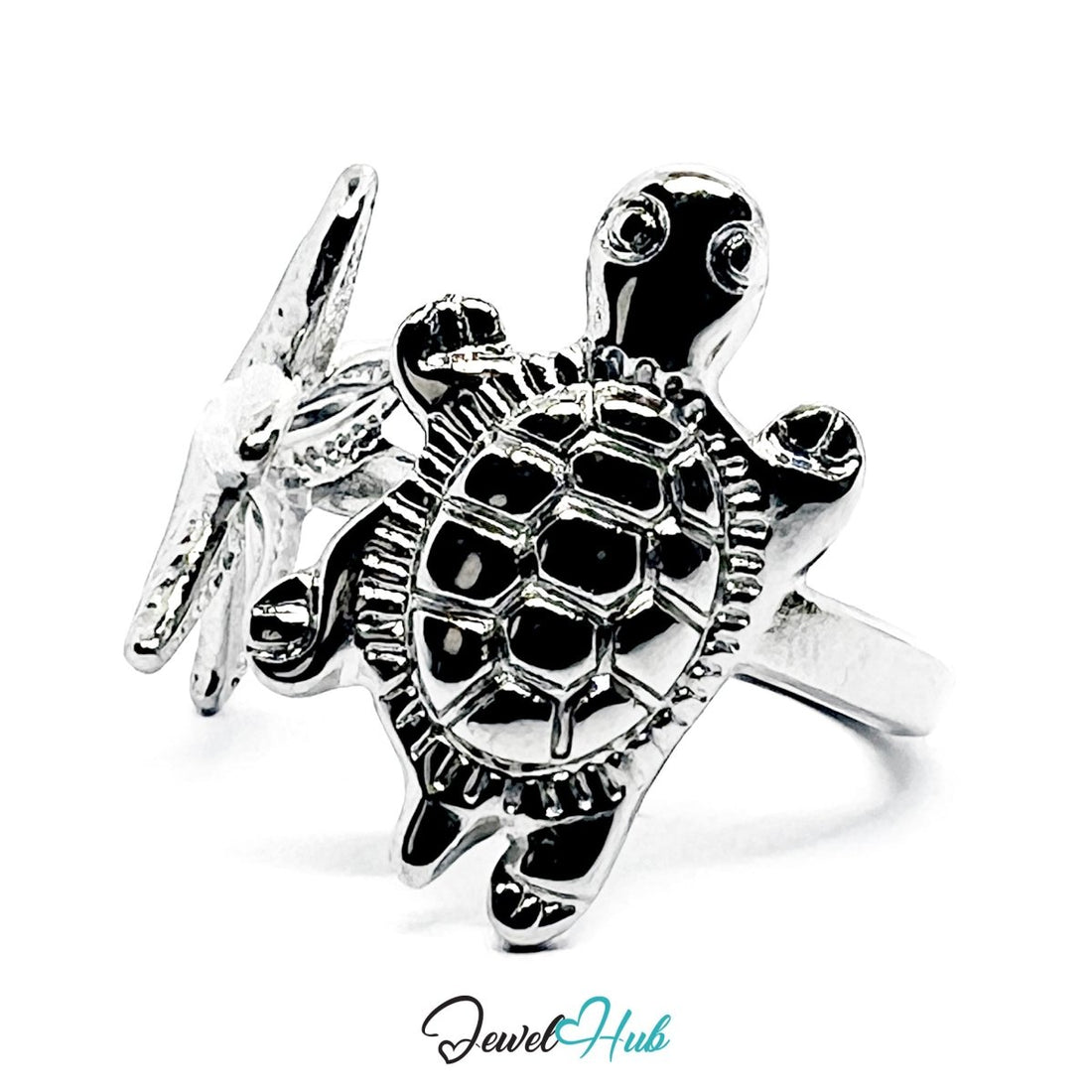 Stainless Steel Silver Starfish Turtle Ring – Ocean Sculptural Band - JewelHub.co.uk