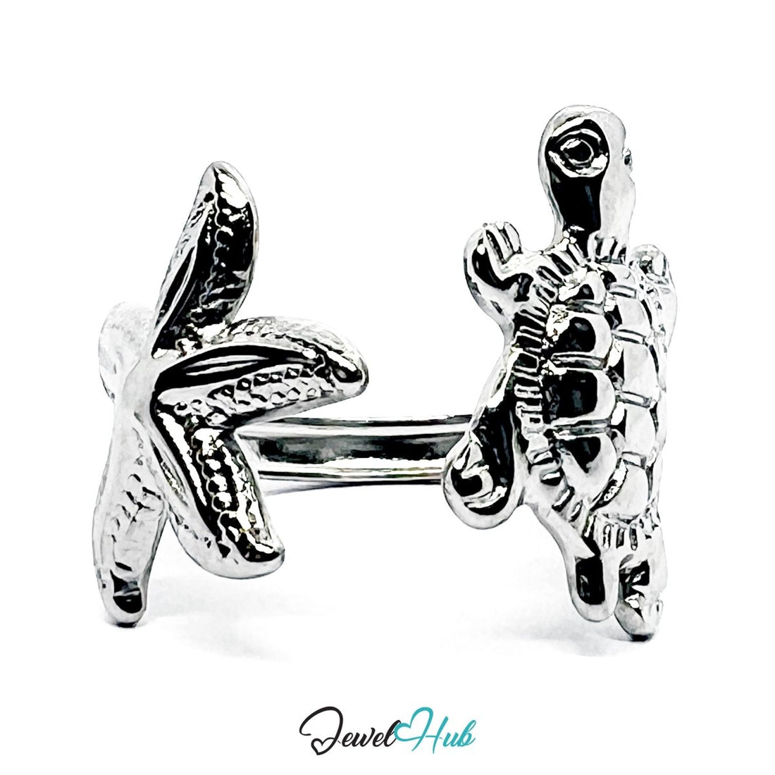Stainless Steel Silver Starfish Turtle Ring – Ocean Sculptural Band - JewelHub.co.uk