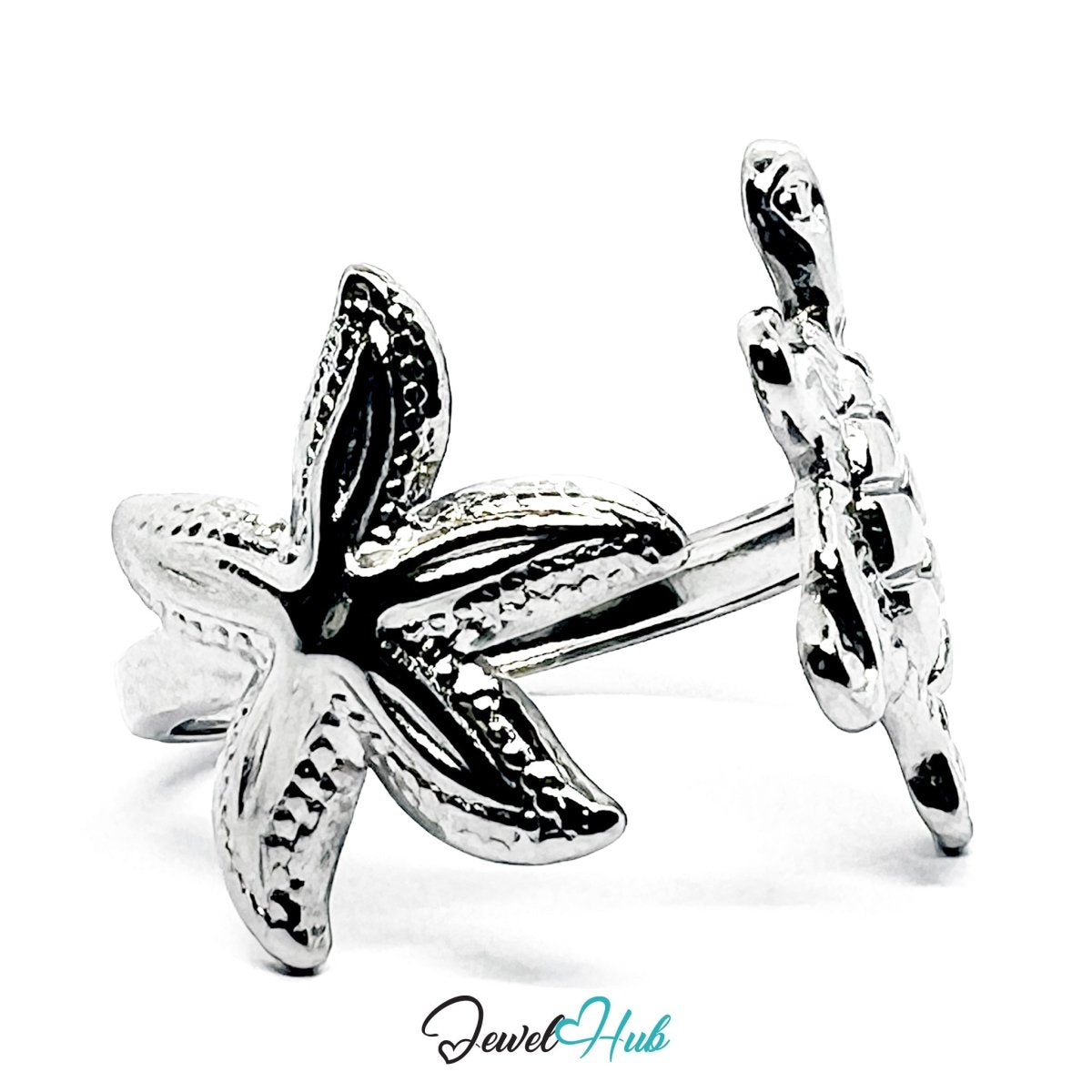 Stainless Steel Silver Starfish Turtle Ring – Ocean Sculptural Band - JewelHub.co.uk