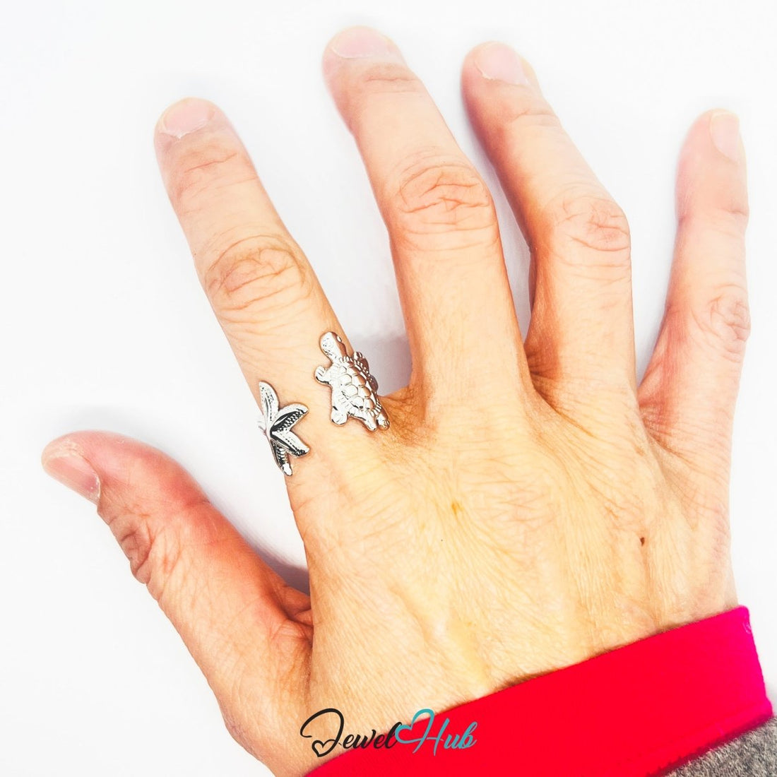 Stainless Steel Silver Starfish Turtle Ring – Ocean Sculptural Band - JewelHub.co.uk