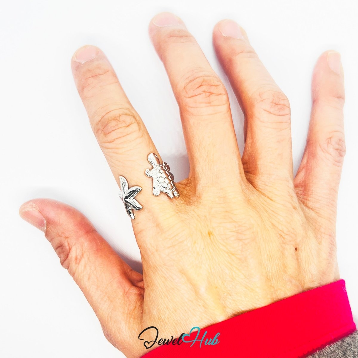 Stainless Steel Silver Starfish Turtle Ring – Ocean Sculptural Band - JewelHub.co.uk