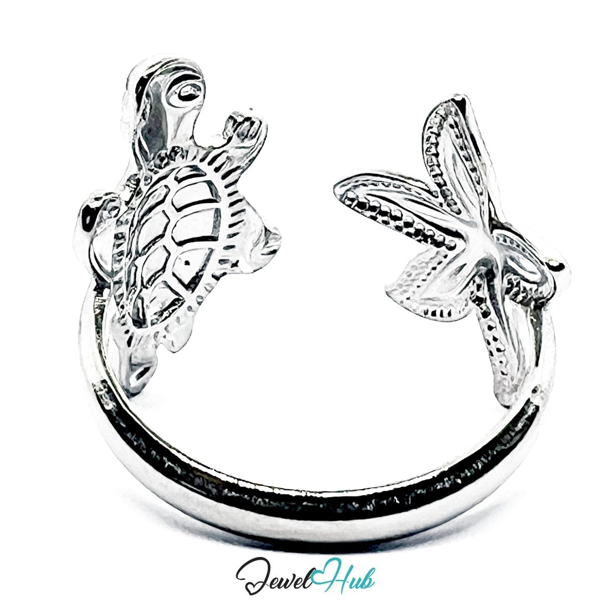 Stainless Steel Silver Starfish Turtle Ring – Ocean Sculptural Band - JewelHub.co.uk