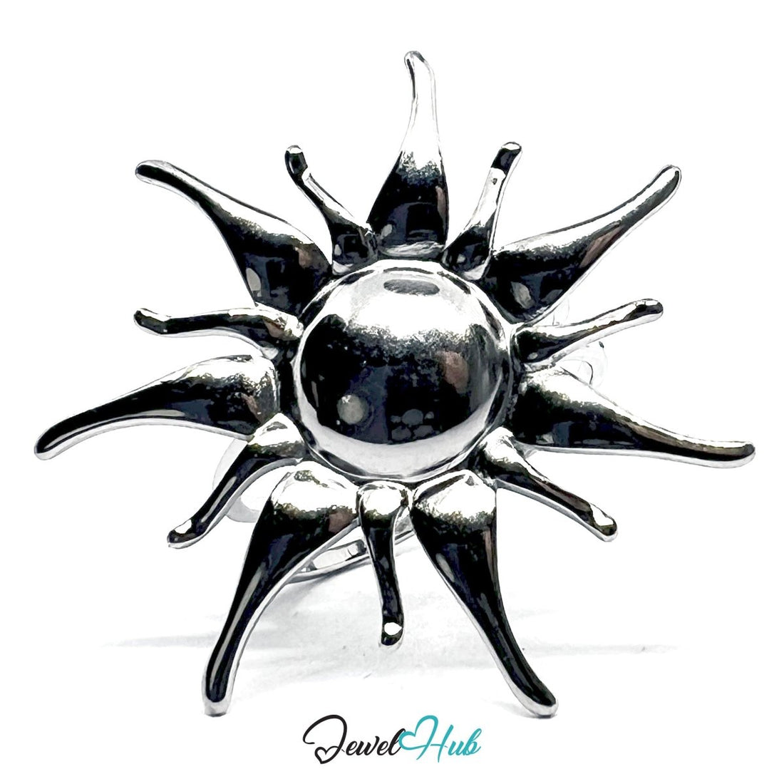 Stainless Steel Silver Sunburst Ring – Sculptural Open - End Design - JewelHub.co.uk