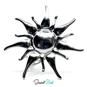 Stainless Steel Silver Sunburst Ring – Sculptural Open - End Design - JewelHub.co.uk
