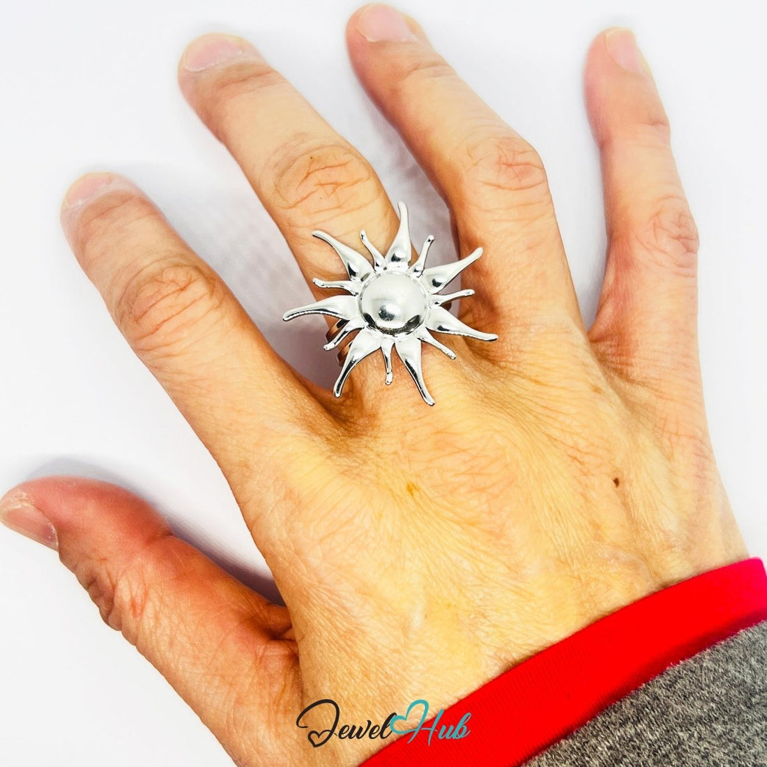 Stainless Steel Silver Sunburst Ring – Sculptural Open - End Design - JewelHub.co.uk