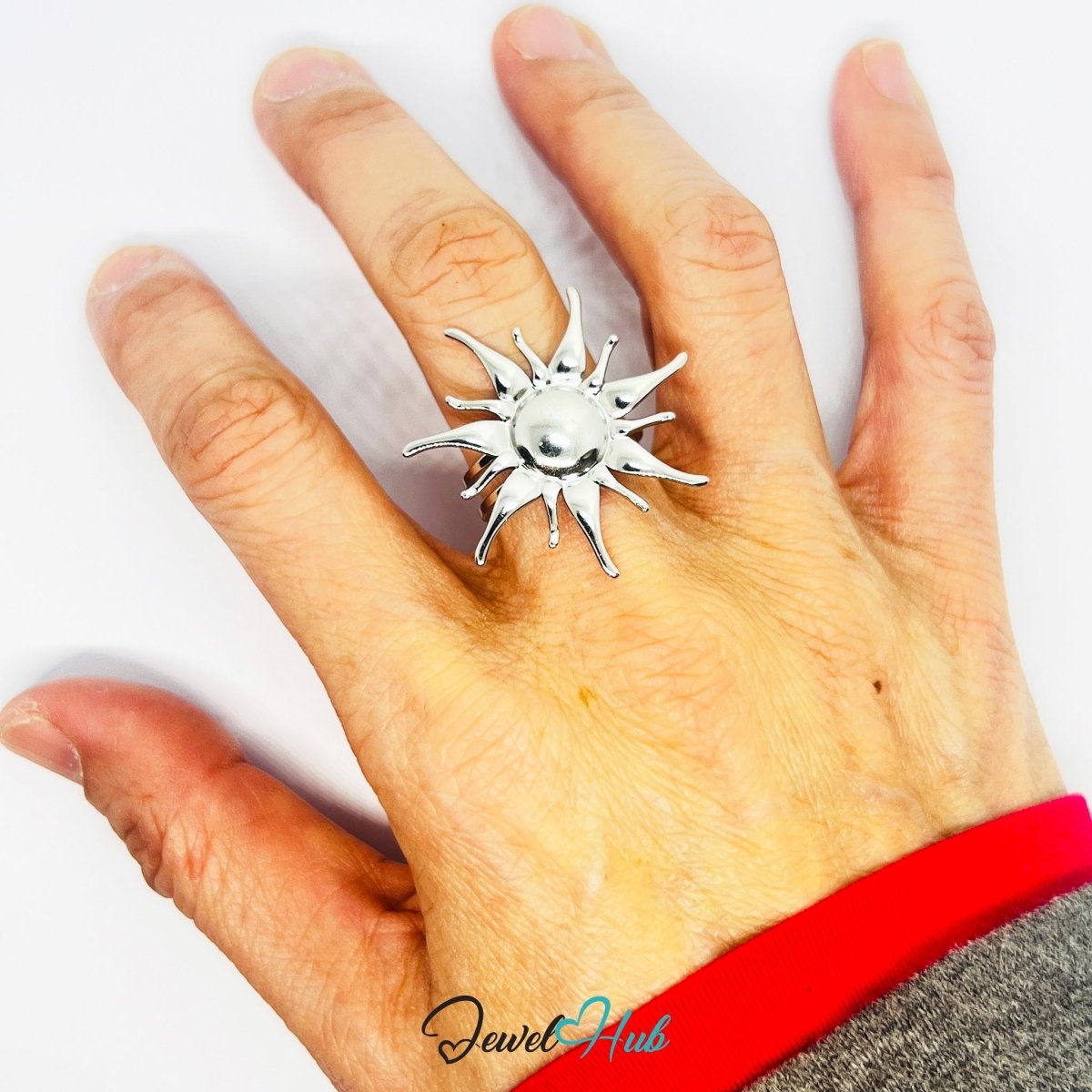 Stainless Steel Silver Sunburst Ring – Sculptural Open - End Design - JewelHub.co.uk