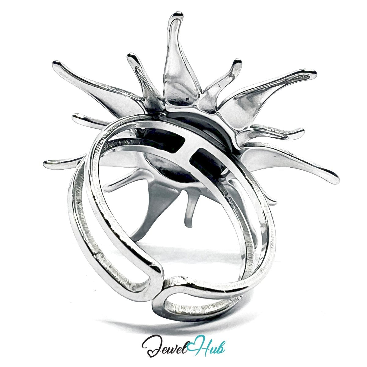 Stainless Steel Silver Sunburst Ring – Sculptural Open - End Design - JewelHub.co.uk