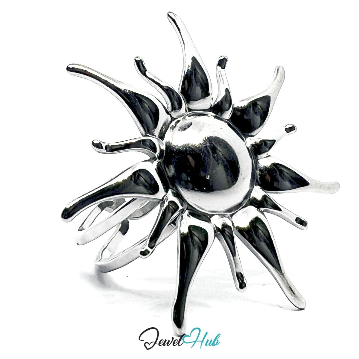 Stainless Steel Silver Sunburst Ring – Sculptural Open - End Design - JewelHub.co.uk