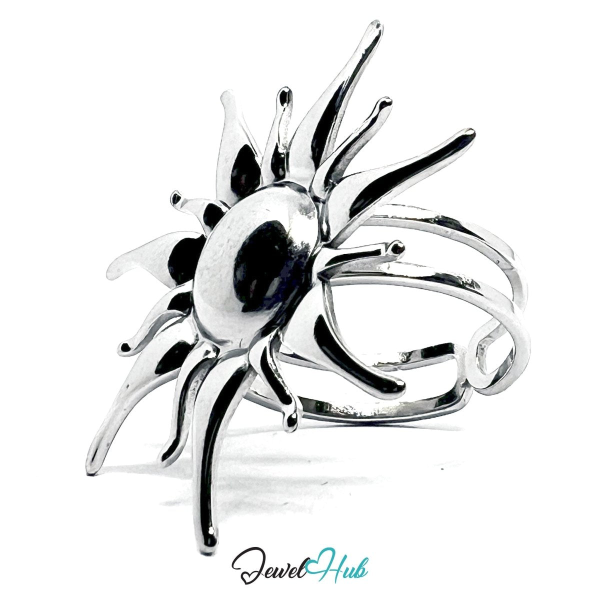 Stainless Steel Silver Sunburst Ring – Sculptural Open - End Design - JewelHub.co.uk