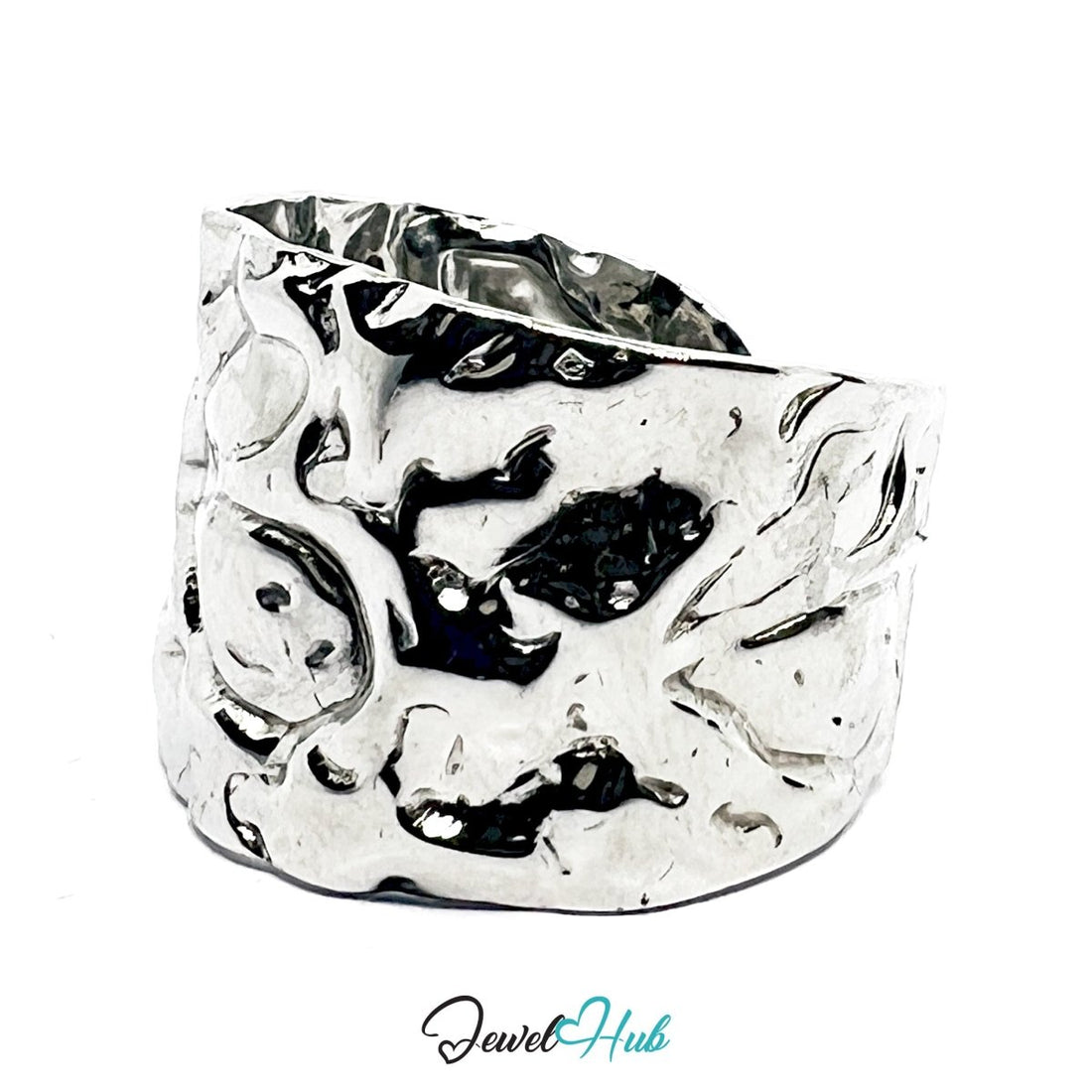 Stainless Steel Silver Textural Contour Ring – Glossy Sculptural Surface - JewelHub.co.uk