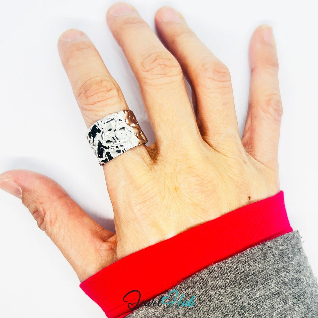 Stainless Steel Silver Textural Contour Ring – Glossy Sculptural Surface - JewelHub.co.uk