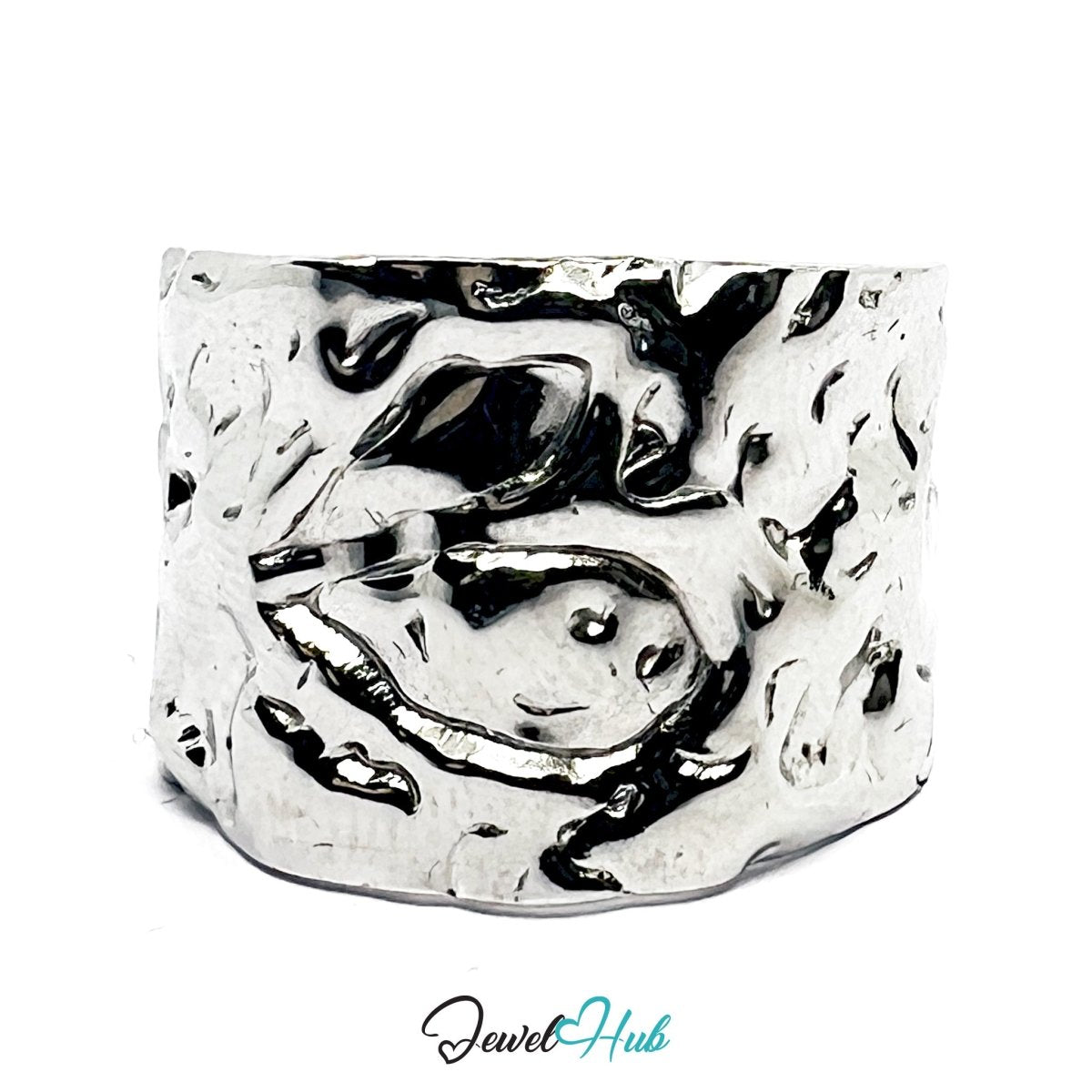 Stainless Steel Silver Textural Contour Ring – Glossy Sculptural Surface - JewelHub.co.uk