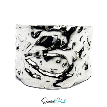 Stainless Steel Silver Textural Contour Ring – Glossy Sculptural Surface - JewelHub.co.uk