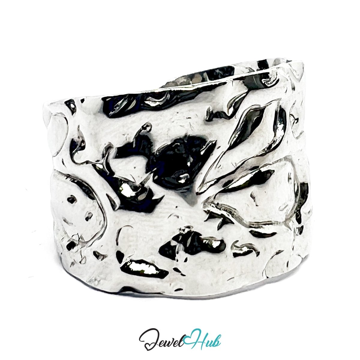 Stainless Steel Silver Textural Contour Ring – Glossy Sculptural Surface - JewelHub.co.uk