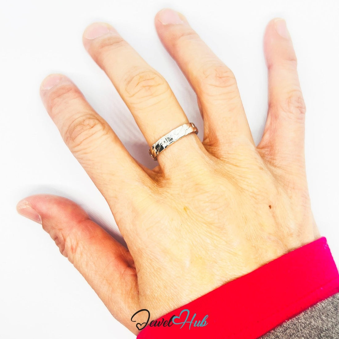 Stainless Steel Silver Textured Band Ring – Minimal Hammered Design - JewelHub.co.uk