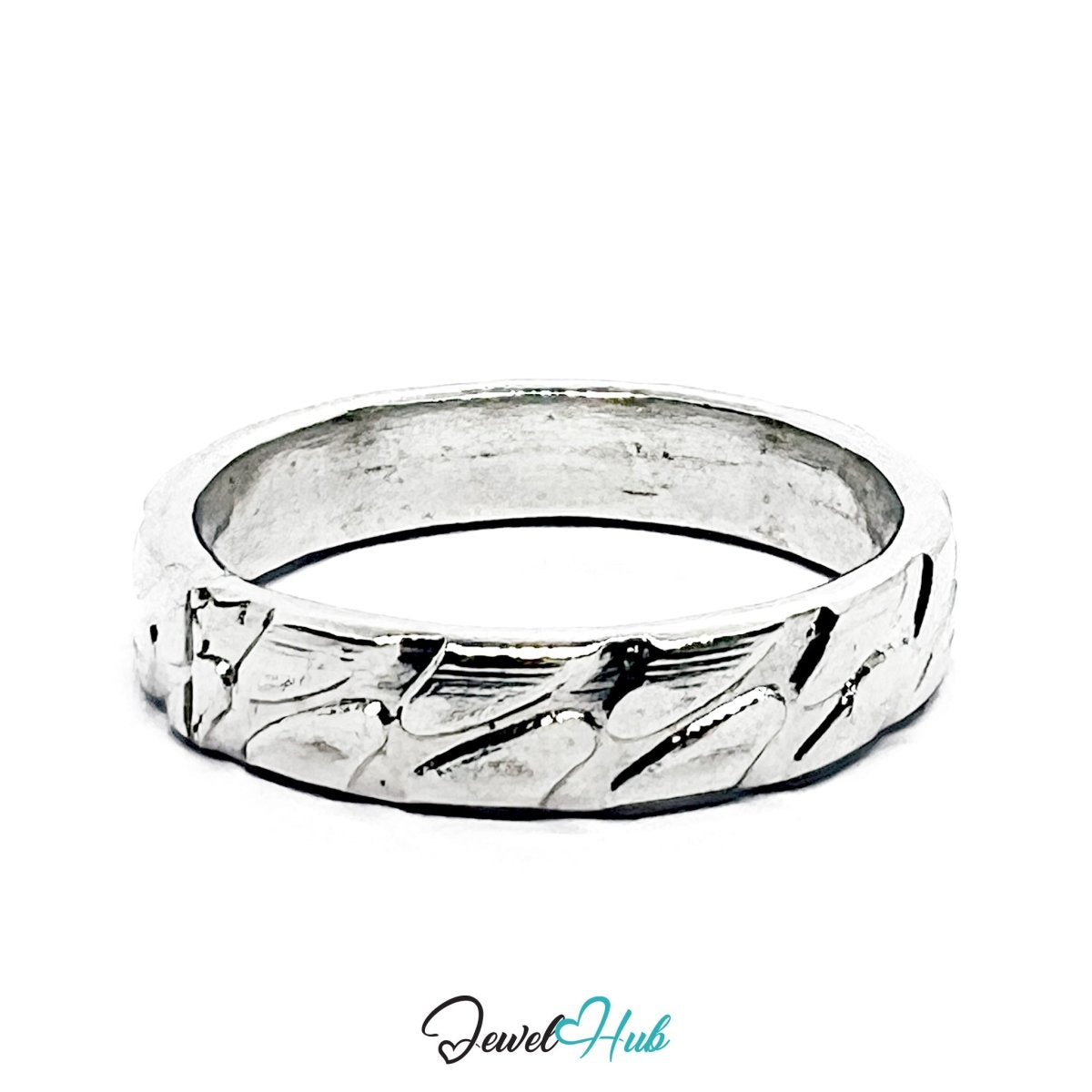 Stainless Steel Silver Textured Band Ring – Minimal Hammered Design - JewelHub.co.uk
