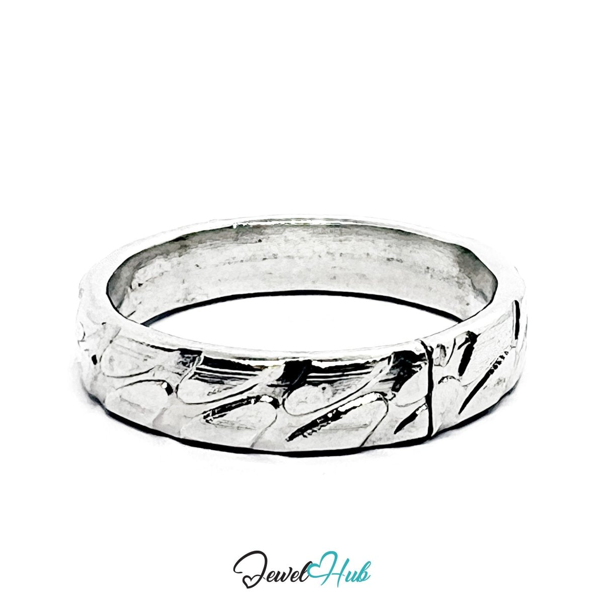 Stainless Steel Silver Textured Band Ring – Minimal Hammered Design - JewelHub.co.uk