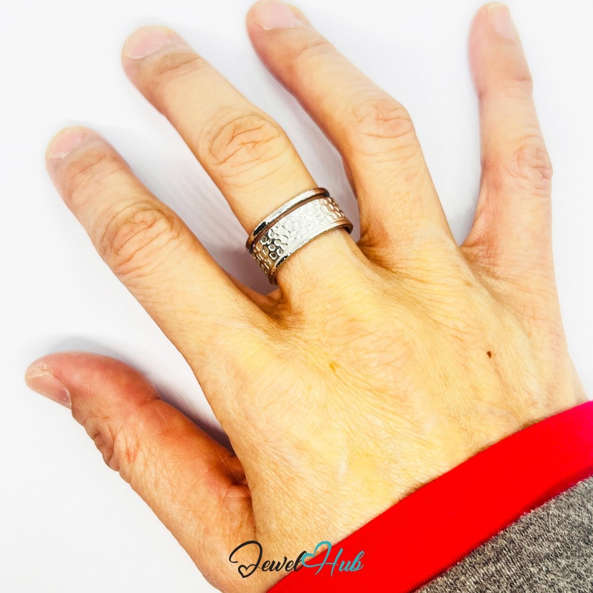 Stainless Steel Silver Textured Pebble Ring – Sculptural Wide Band - JewelHub.co.uk