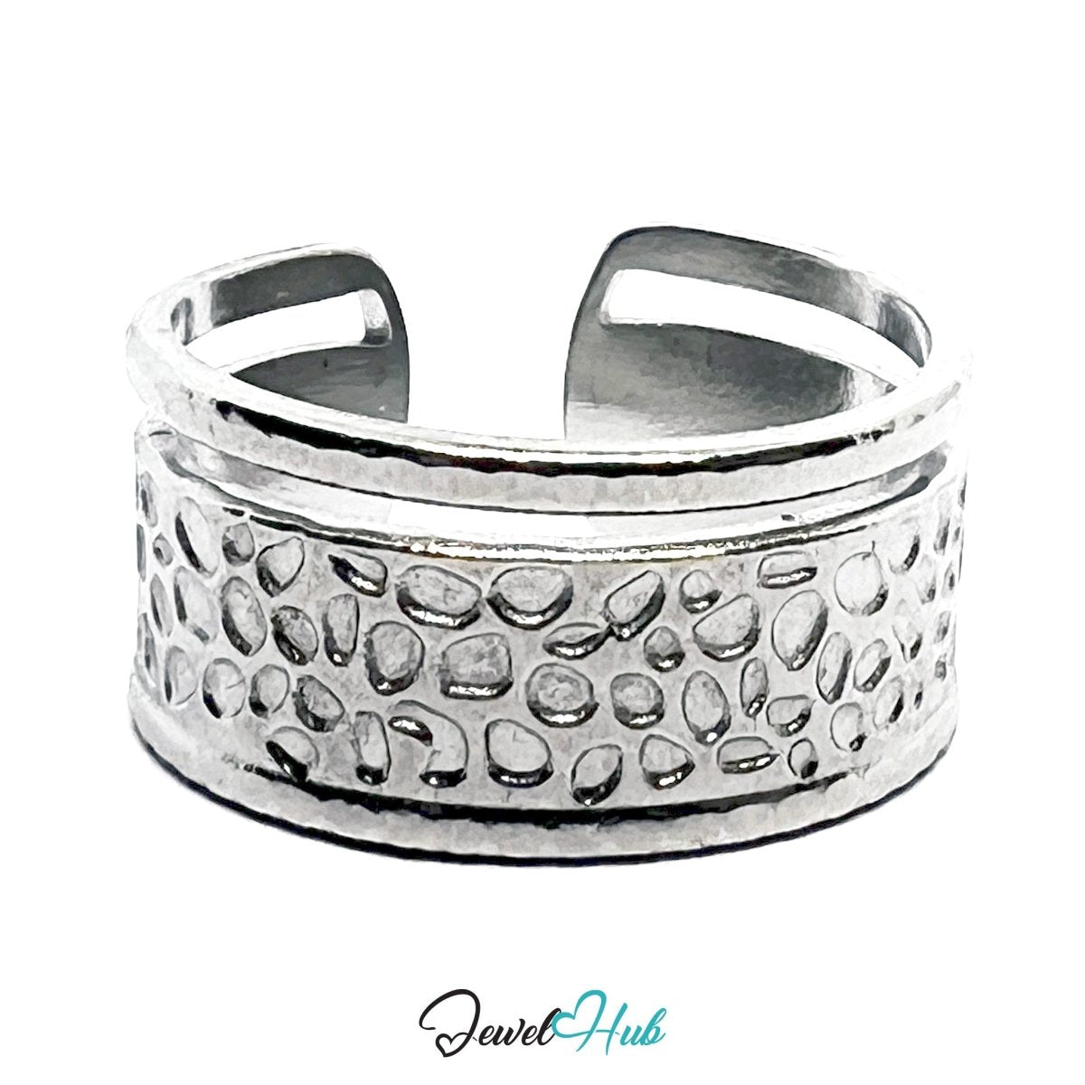 Stainless Steel Silver Textured Pebble Ring – Sculptural Wide Band - JewelHub.co.uk