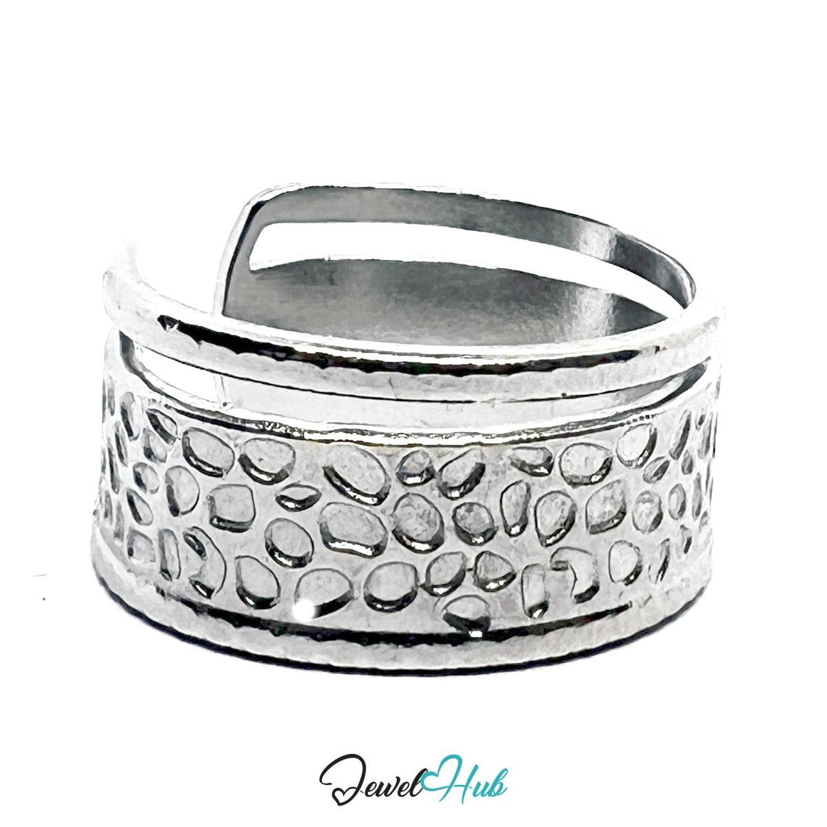 Stainless Steel Silver Textured Pebble Ring – Sculptural Wide Band - JewelHub.co.uk
