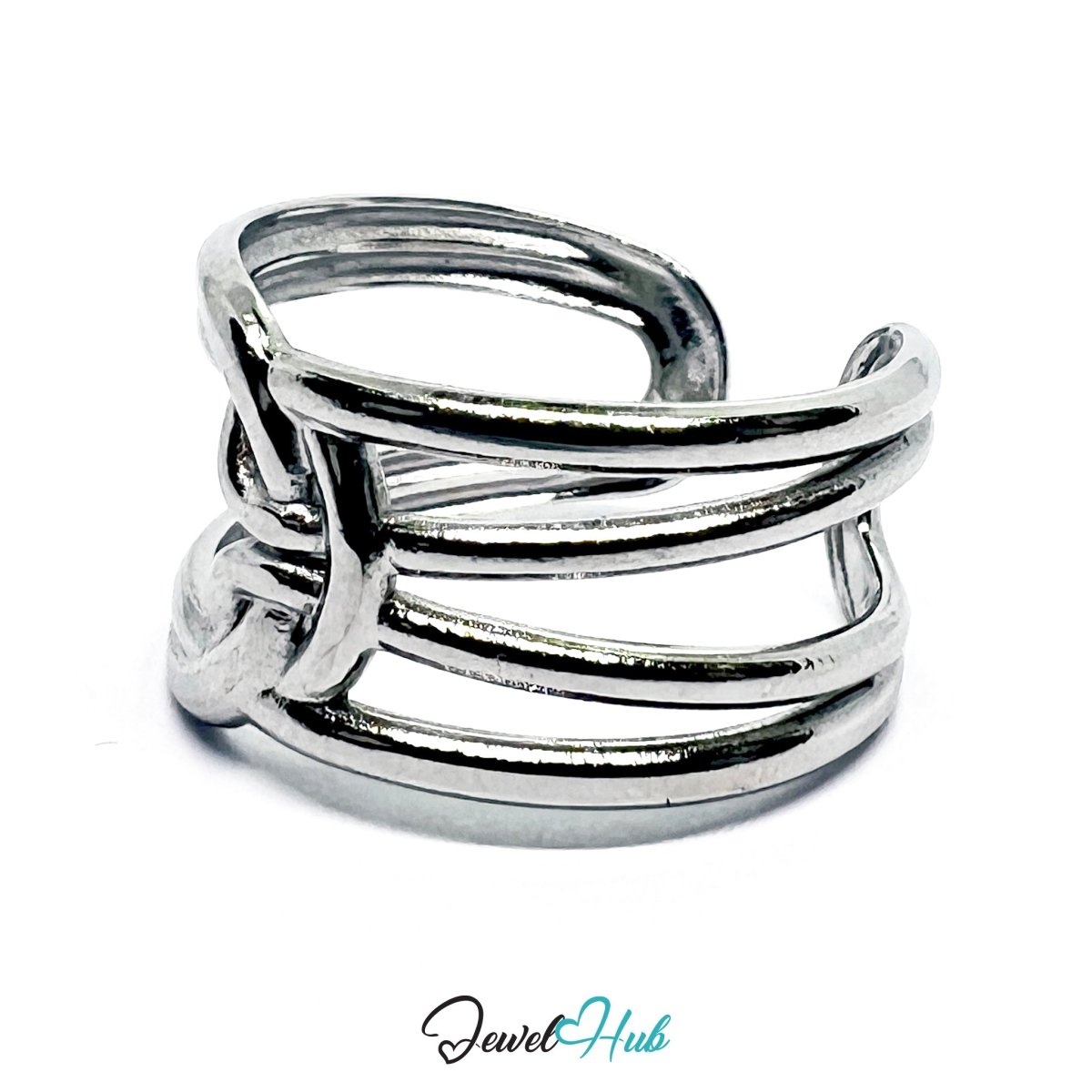 Stainless Steel Silver Triple‑Bar Cage Silver Ring – Minimalist Openwork - JewelHub.co.uk