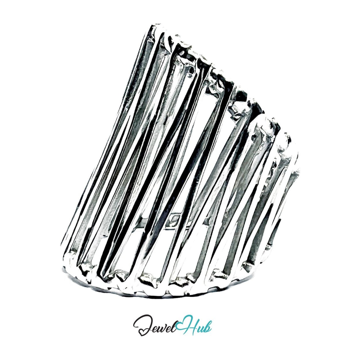 Stainless Steel Silver Vertical Cage Statement Ring – Sculptural - JewelHub.co.uk