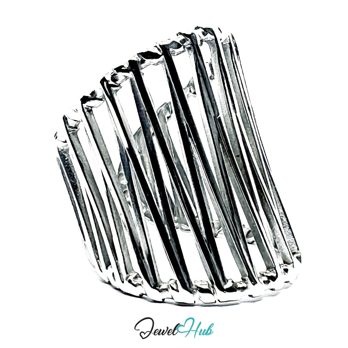 Stainless Steel Silver Vertical Cage Statement Ring – Sculptural - JewelHub.co.uk