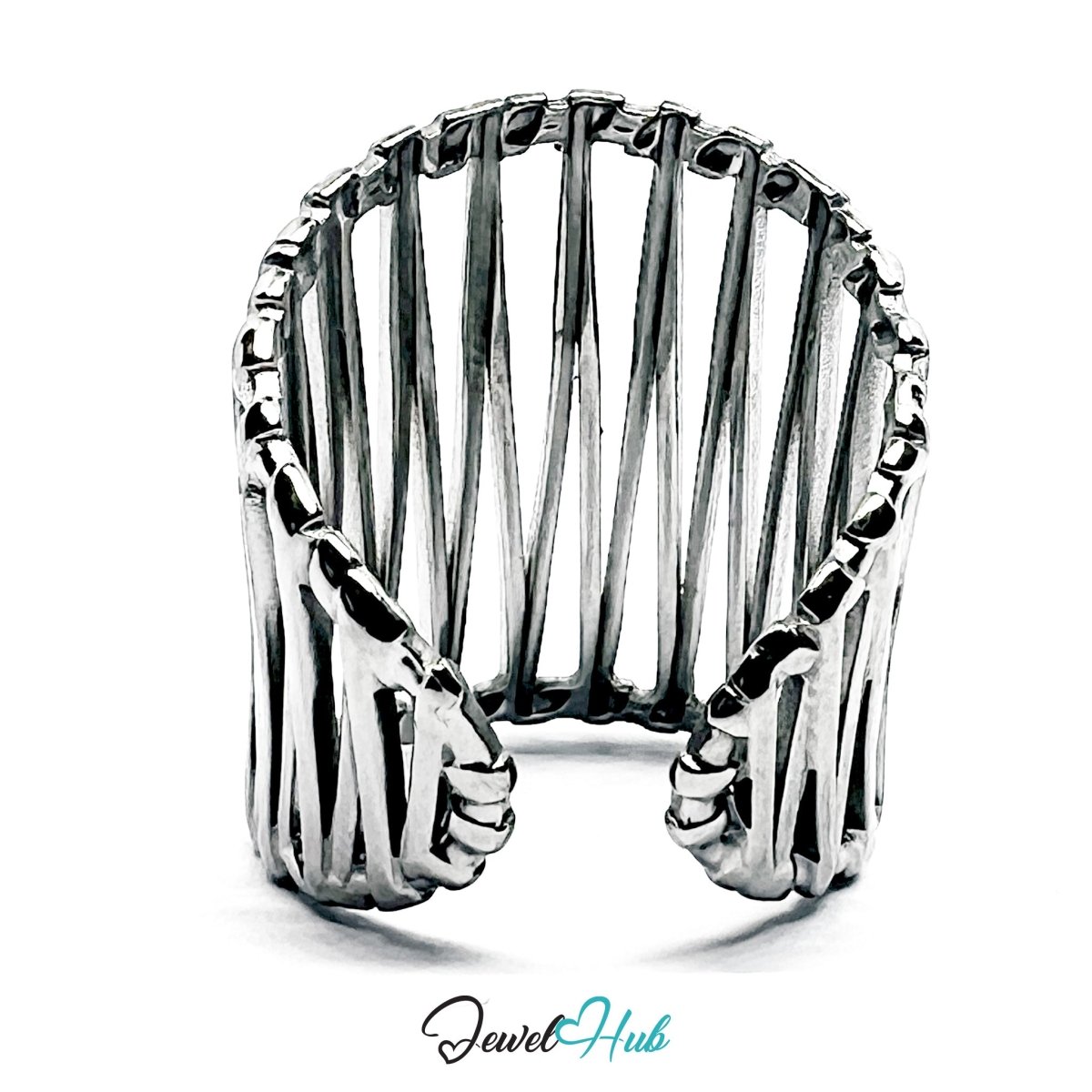 Stainless Steel Silver Vertical Cage Statement Ring – Sculptural - JewelHub.co.uk
