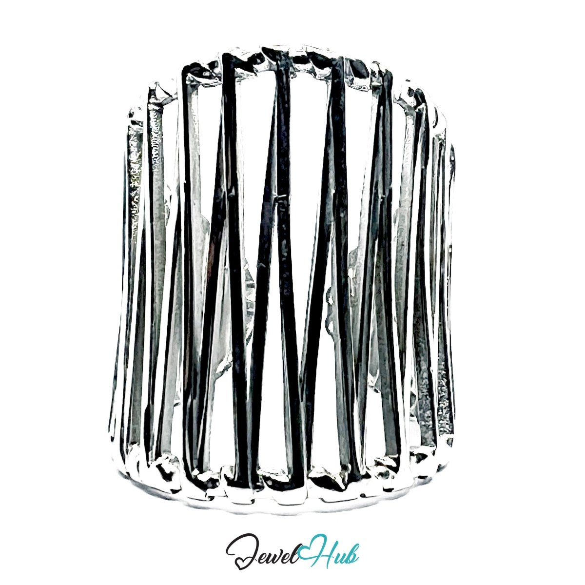 Stainless Steel Silver Vertical Cage Statement Ring – Sculptural - JewelHub.co.uk