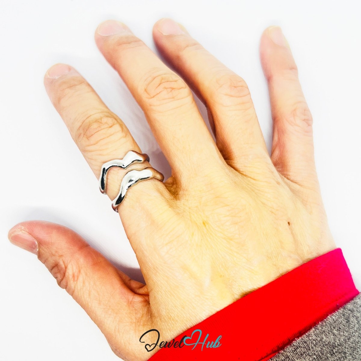 Stainless Steel Silver Wave Crossover Ring – Sculptural Open Band - JewelHub.co.uk
