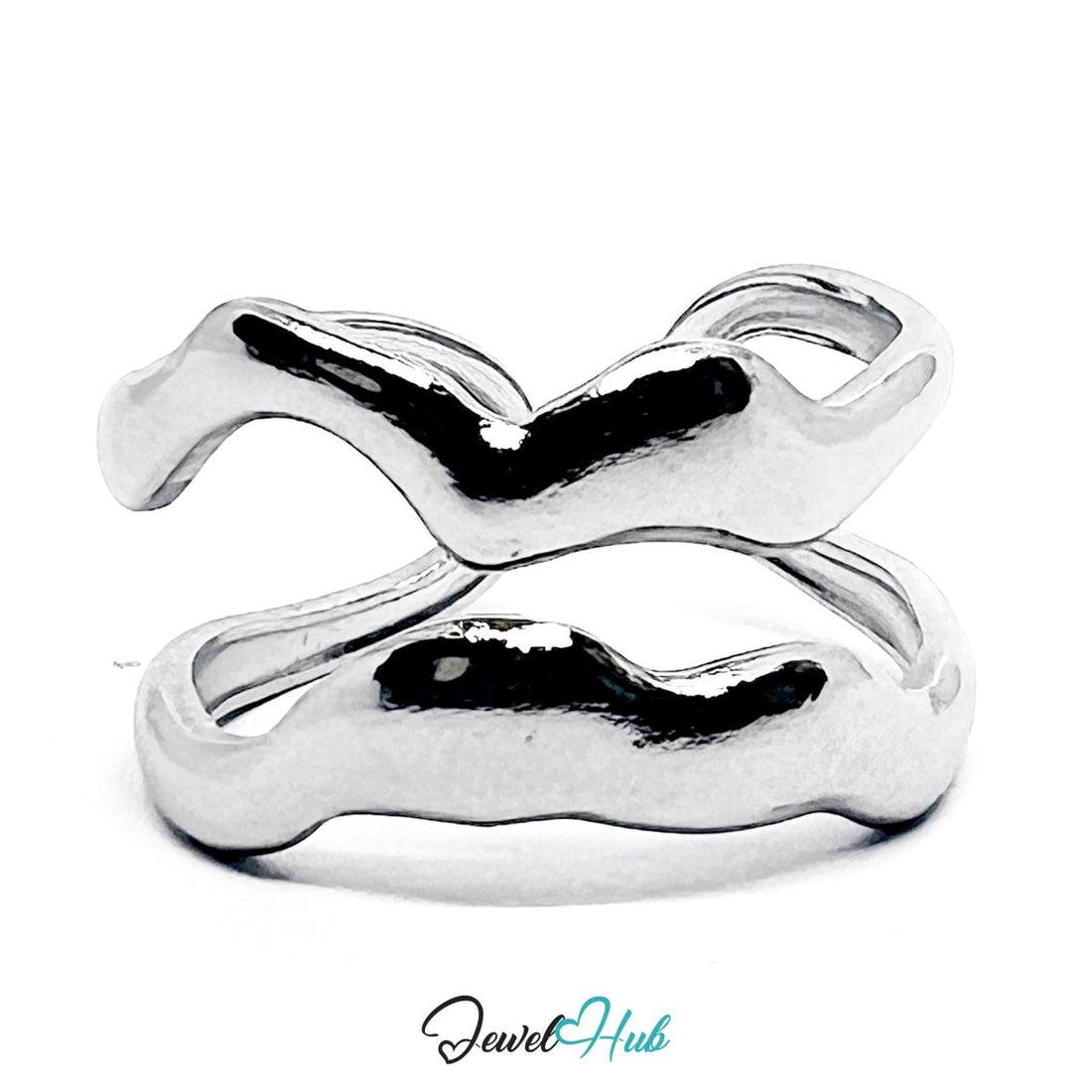Stainless Steel Silver Wave Crossover Ring – Sculptural Open Band - JewelHub.co.uk