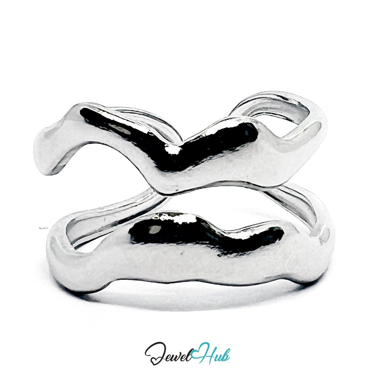 Stainless Steel Silver Wave Crossover Ring – Sculptural Open Band - JewelHub.co.uk