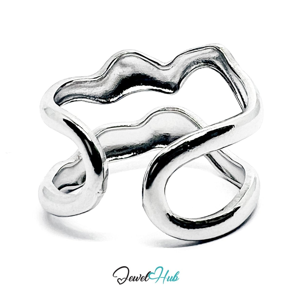 Stainless Steel Silver Wave Crossover Ring – Sculptural Open Band - JewelHub.co.uk