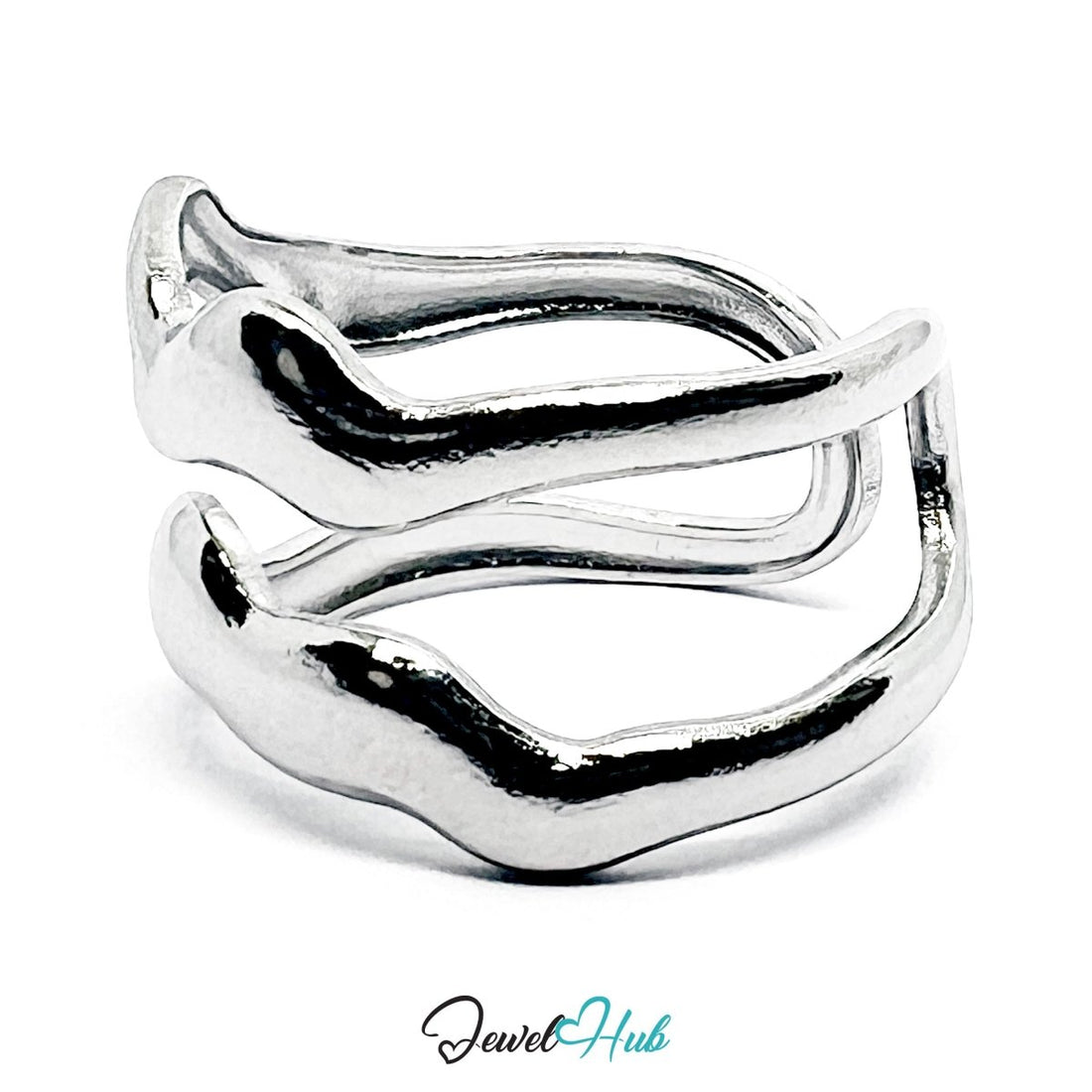 Stainless Steel Silver Wave Crossover Ring – Sculptural Open Band - JewelHub.co.uk