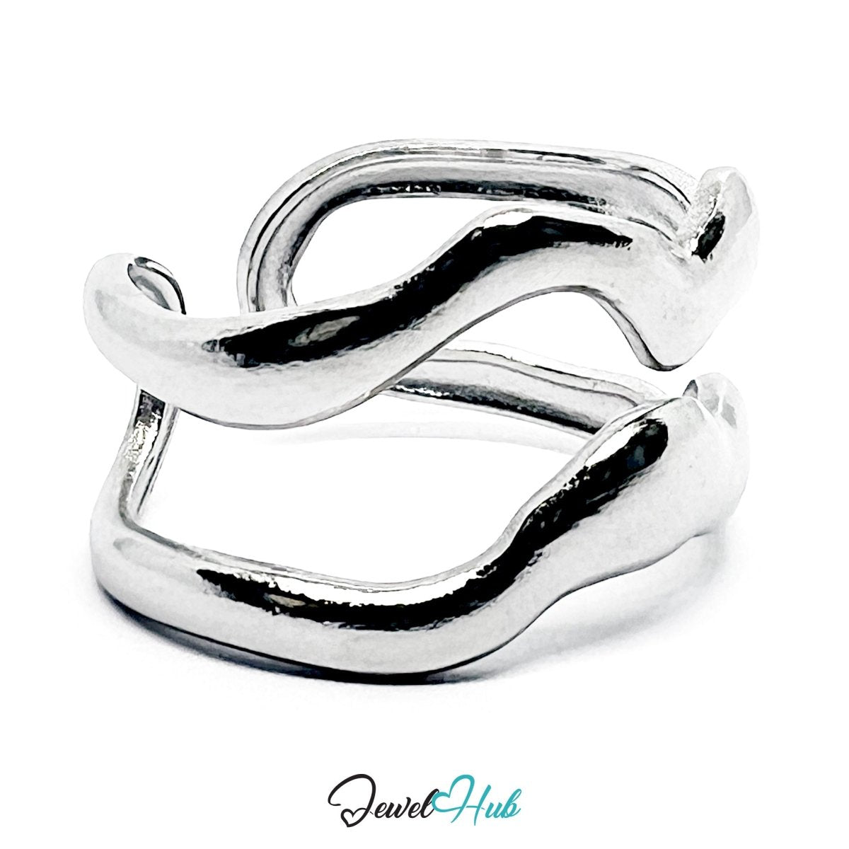 Stainless Steel Silver Wave Crossover Ring – Sculptural Open Band - JewelHub.co.uk