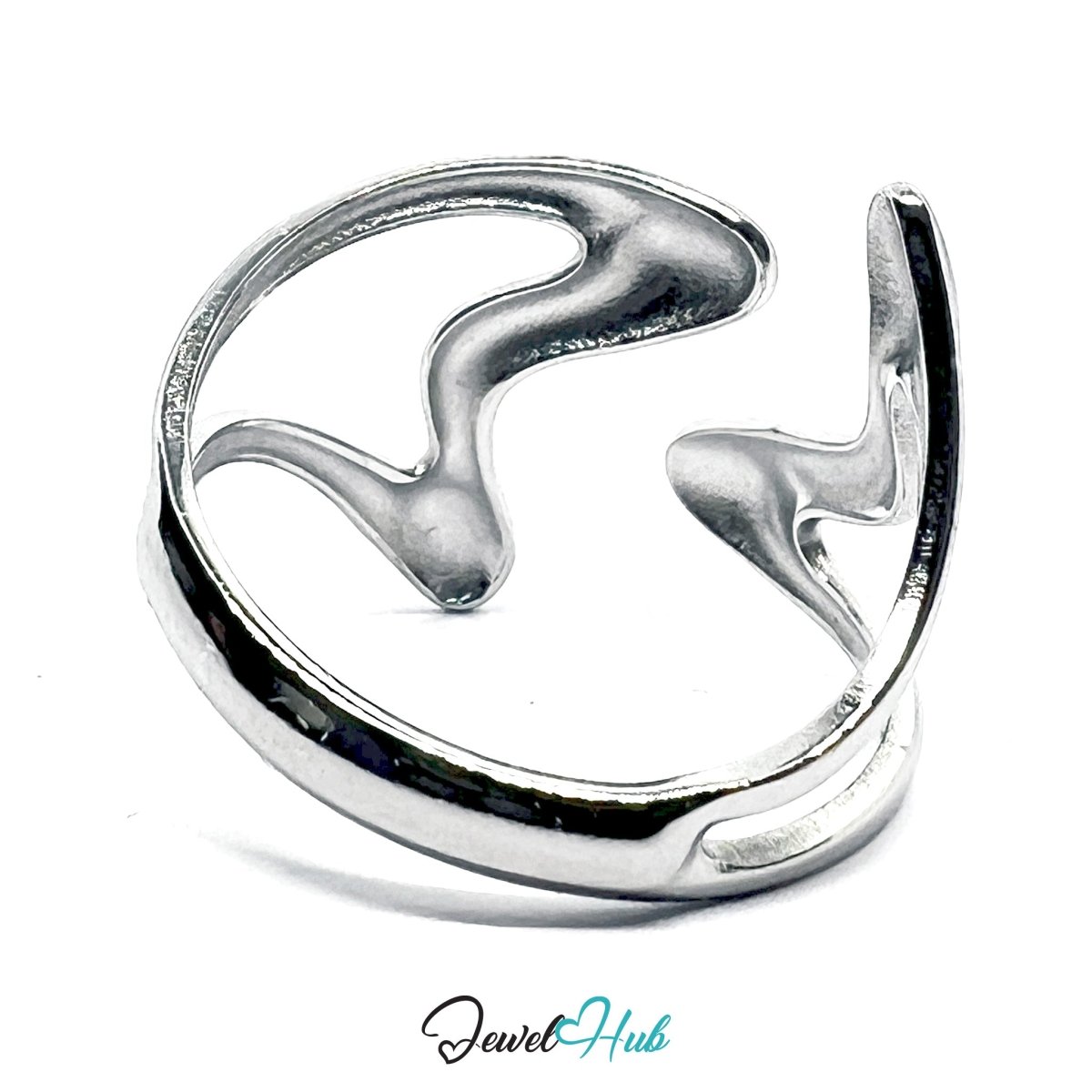 Stainless Steel Silver Wave Ring – Abstract Sculptural Open Design - JewelHub.co.uk