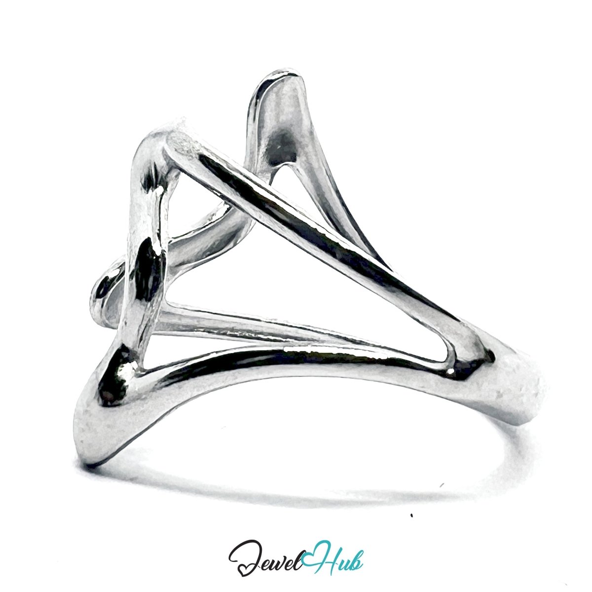 Stainless Steel Silver Wave Ring – Abstract Sculptural Open Design - JewelHub.co.uk